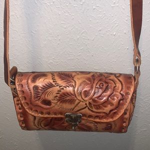 Hand-Tooled Floral Leather Satchel - Brown